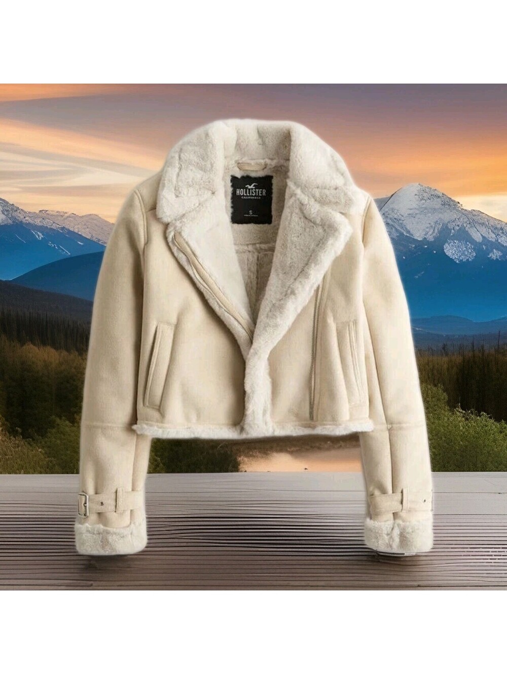 Hollister by Abercrombie & Fitch Crop Faux Shearling Biker Jacket Cream Women XL